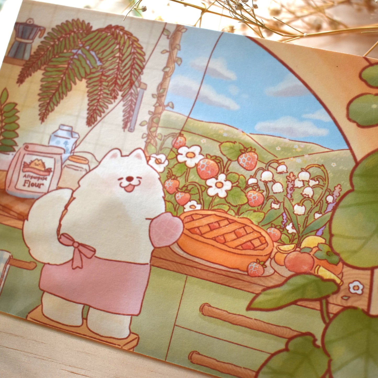 Samoyed and Strawberry Pie Postcard/ Art Print